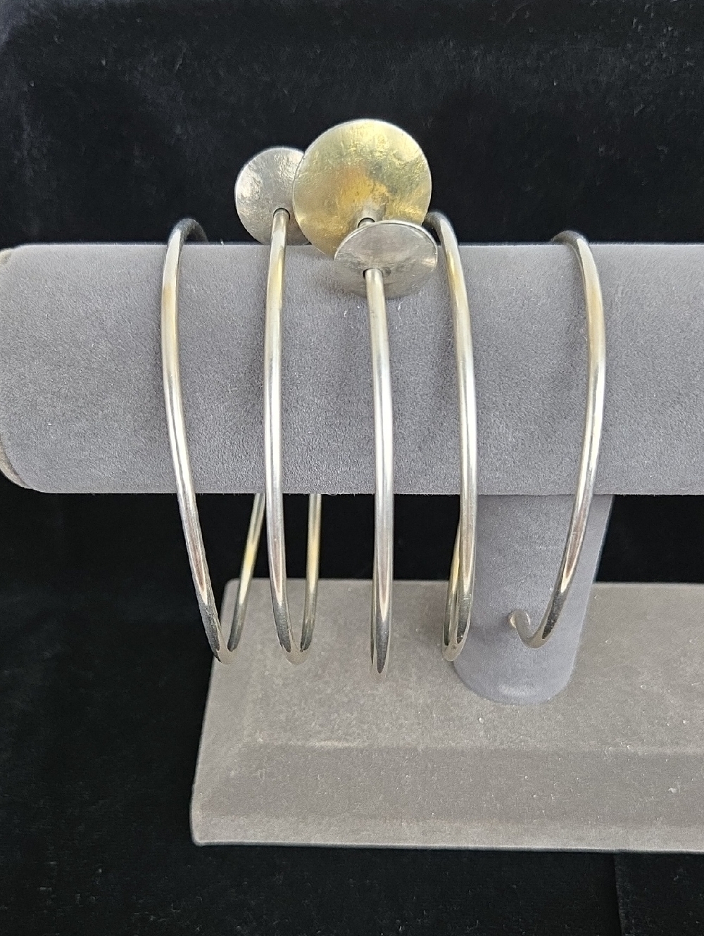 Handmade Silver Tone Hoop Bangle with Disc Accents - Silver and Gold